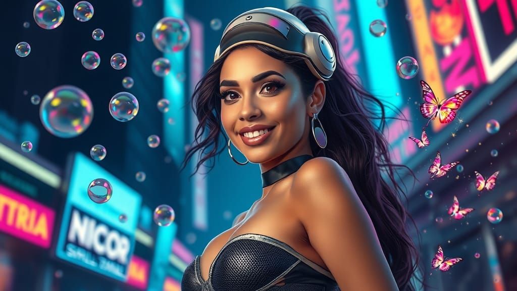 Puerto Rican Woman in Neon City with Bubbles