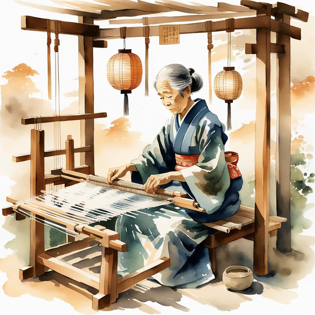 Elderly Weaver: Impressionist Japanese Art in Watercolor
