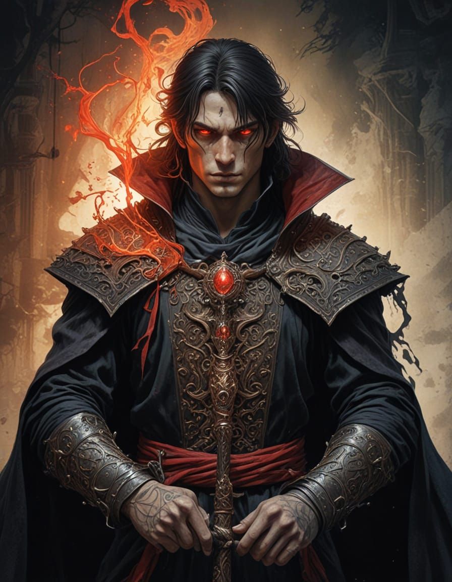 Mystical Sorcerer with Glowing Red Eyes