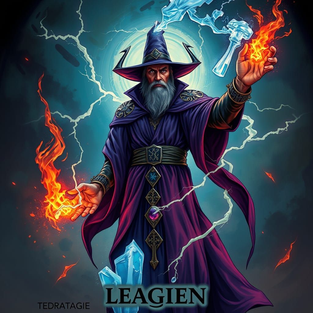 Mystical Magician Conjuring Fire and Ice in Dark Fantasy Art