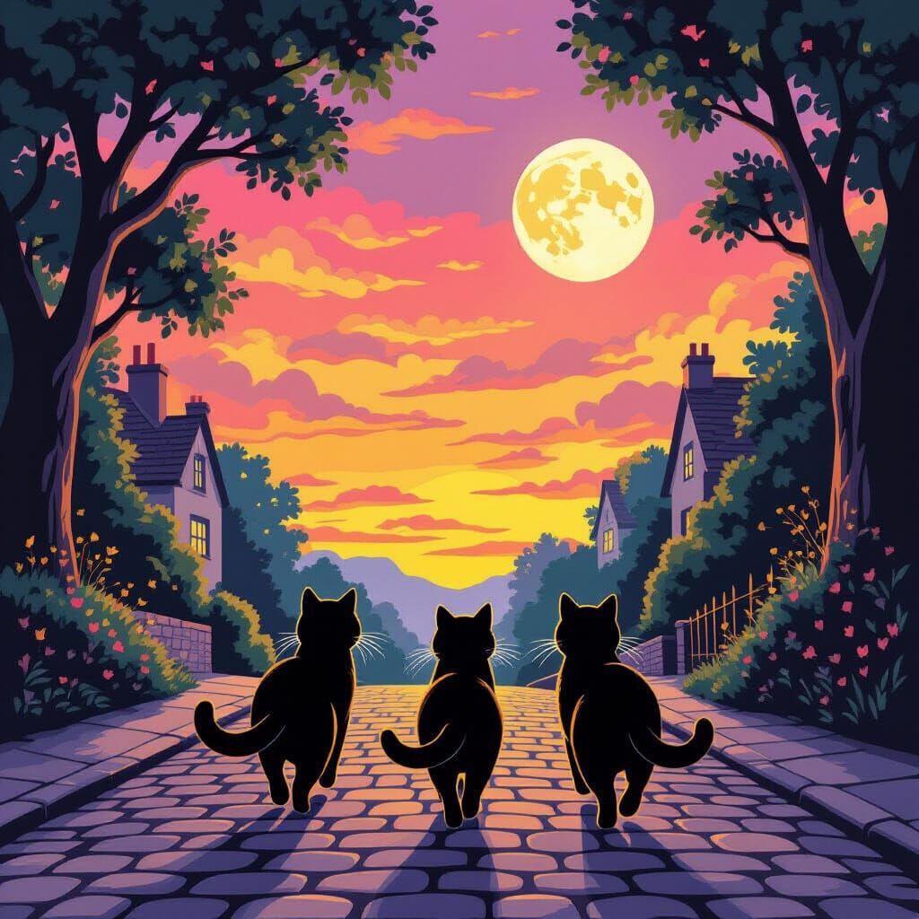 Three Black Cats Dash Down Street at Sunset
