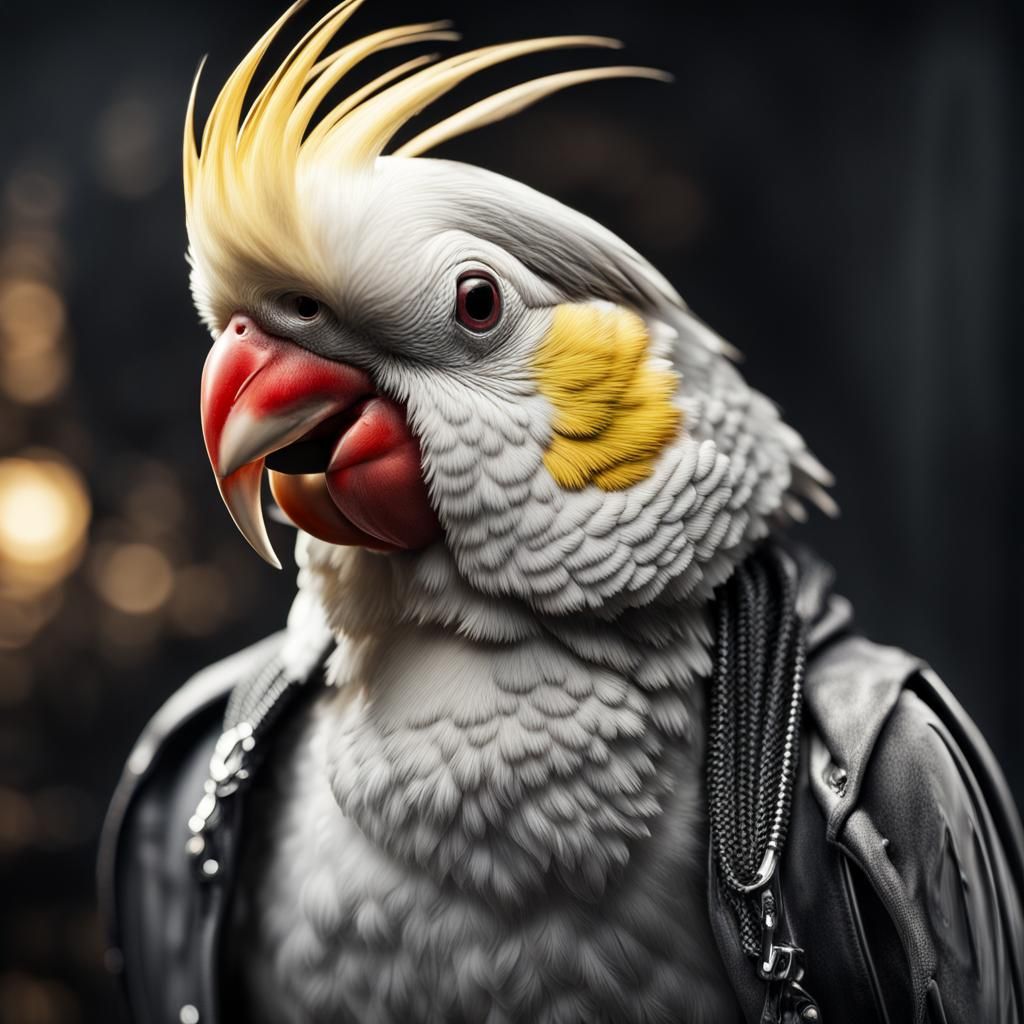 Hyperrealistic Gangster Cockatiel Close-Up