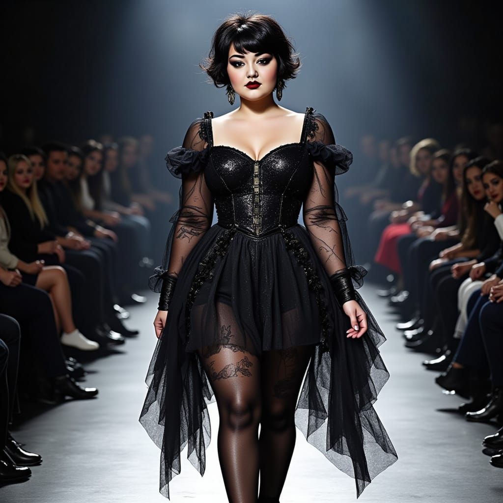 Curvy Model in Iridescent Gothic Runway Dress