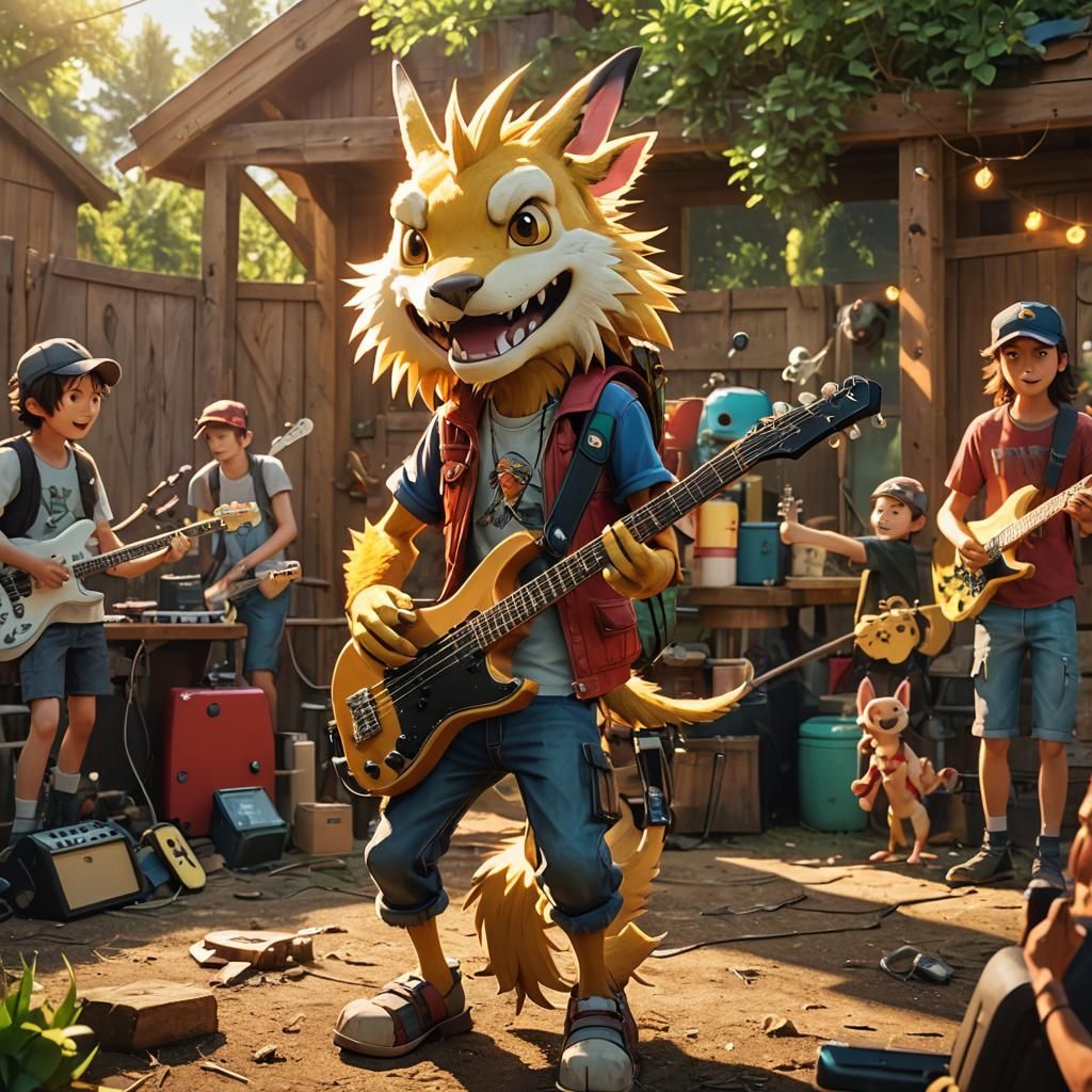 Upbeat Redneck Digimon Rockstar Serenades Kids in Rustic Bac...
