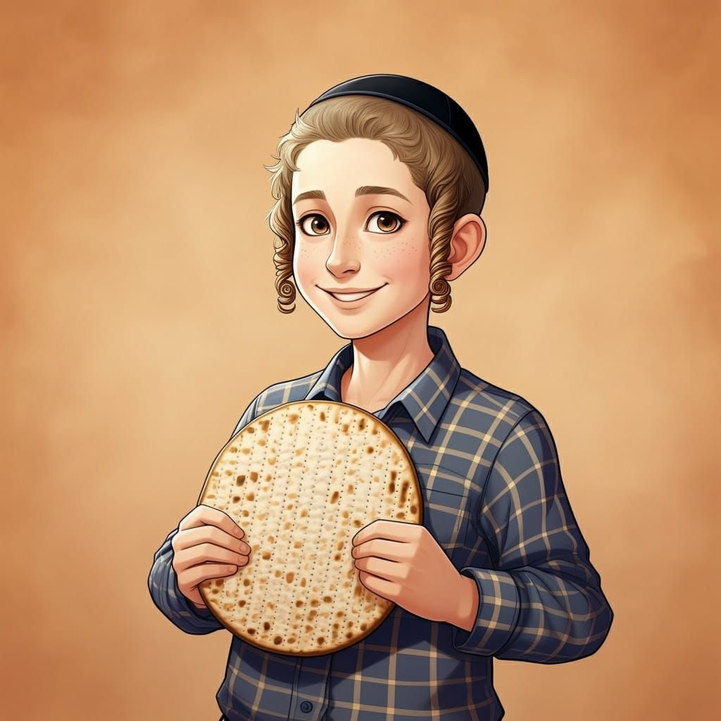 Happy Hasidic Boy Showcases Traditional Matzah with Pride