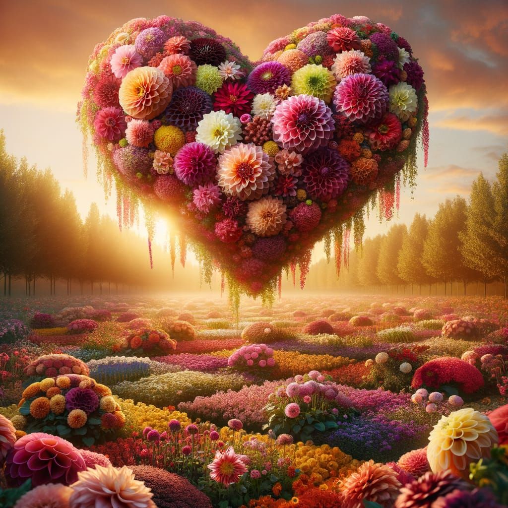 Dahlia Heart Above Flower Field in Golden Light