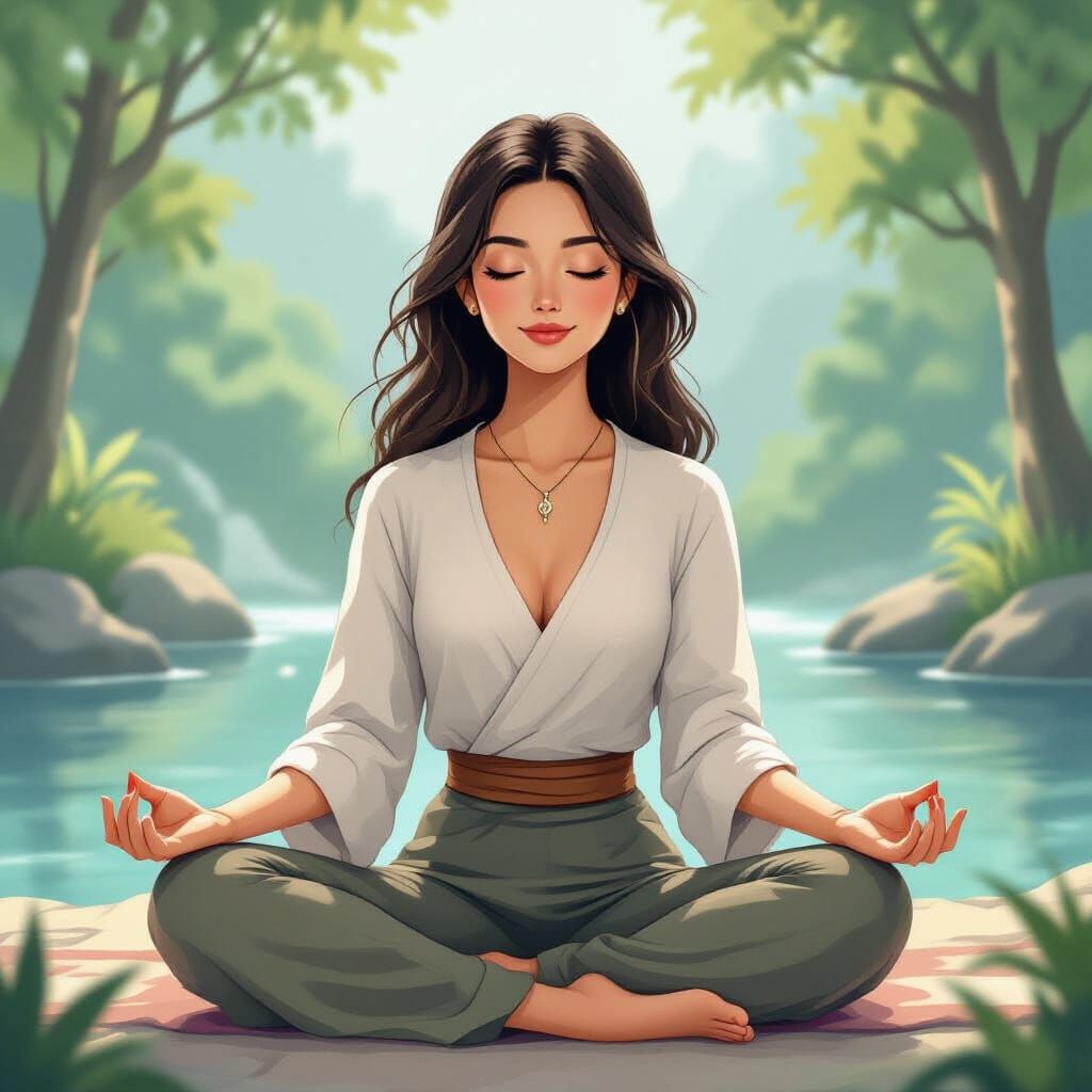 Meditating Woman in Serene Nature, Digital Art