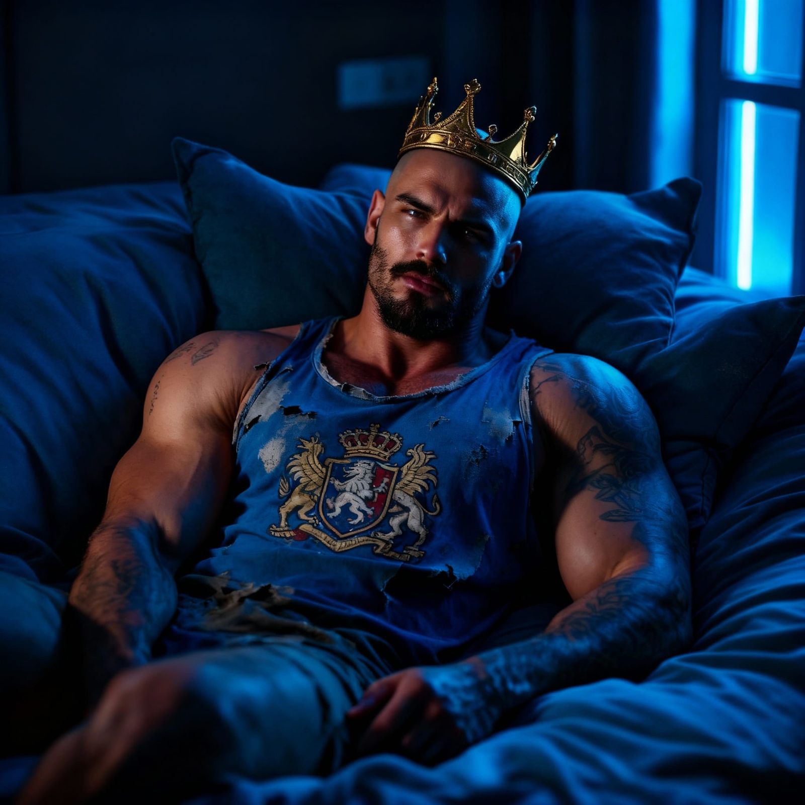 Muscular Man with Gold Crown in Neon Bedroom