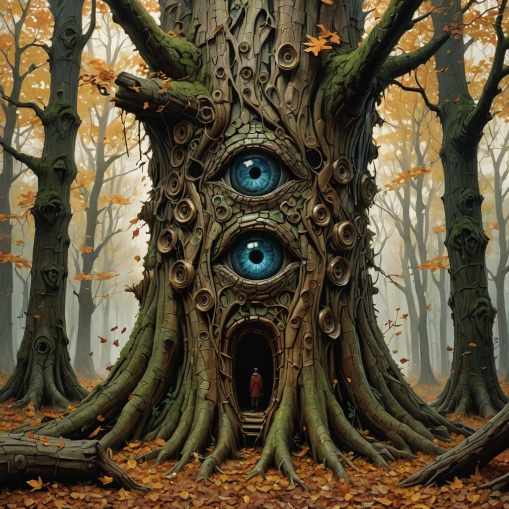 Creepy Eye-Filled Treehouse in Horror Style