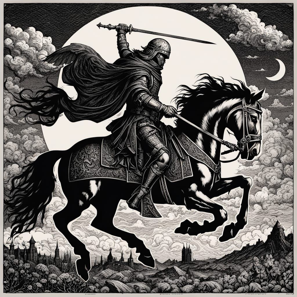 Apocalyptic Horseman Engraving in Gothic Style