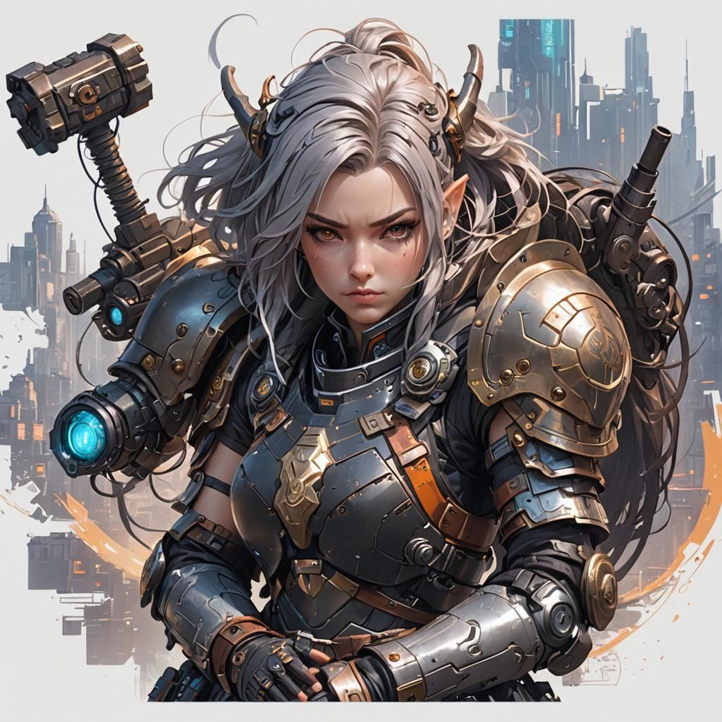 Cyberpunk Dwarf Warrior in 3D Anime Style