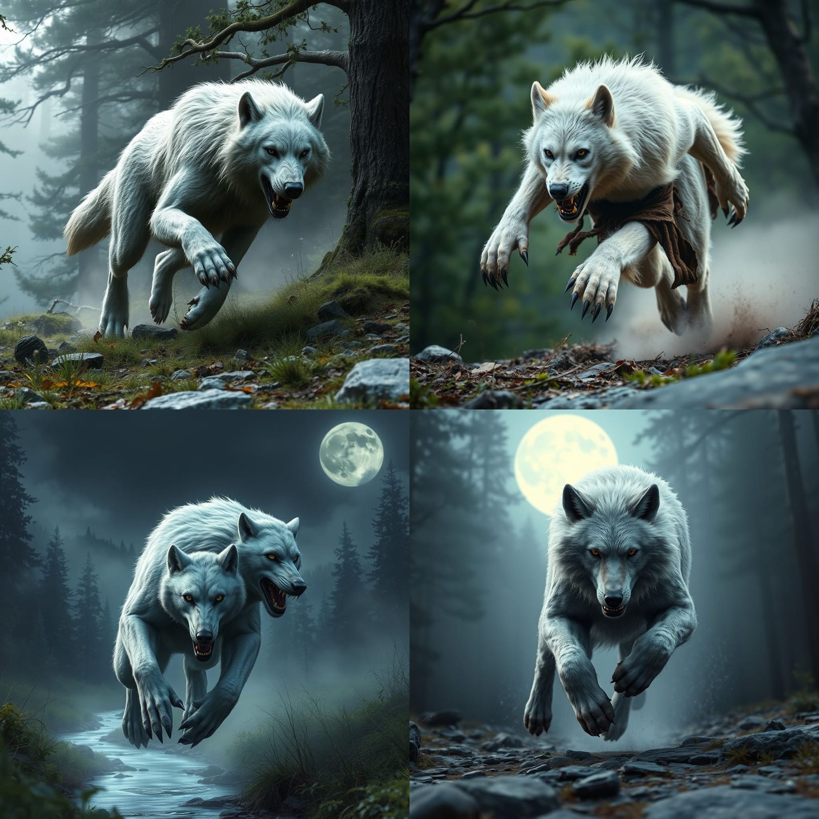 Hyperrealistic White Werewolf Running in Appalachia
