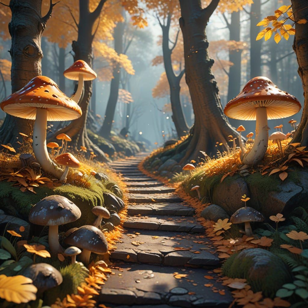 Enchanted Autumn Forest Path with Golden Leaves