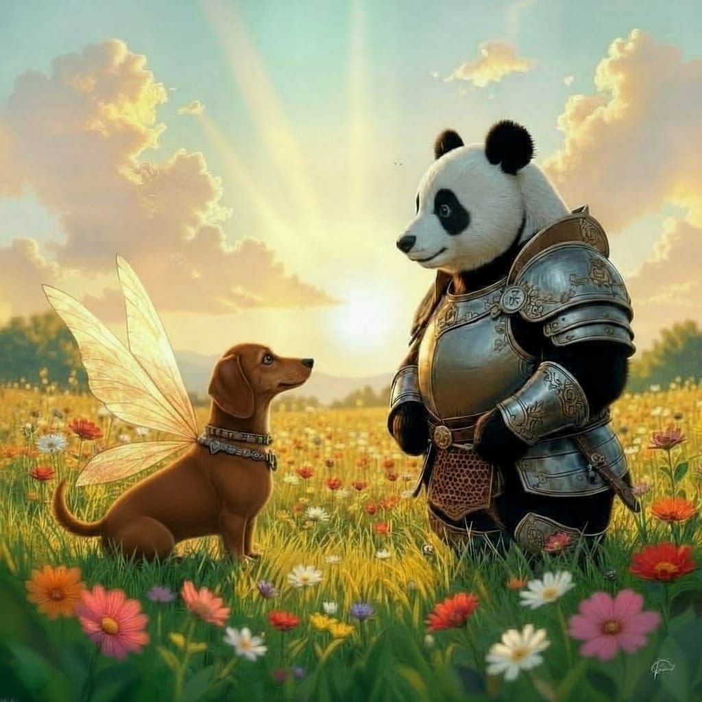 Red Dachshund Chats with Armored Panda at Sunrise