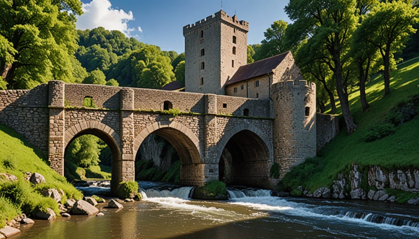 Medieval Stone Bridge Over a Fast-Flowing River in a Wooded ...