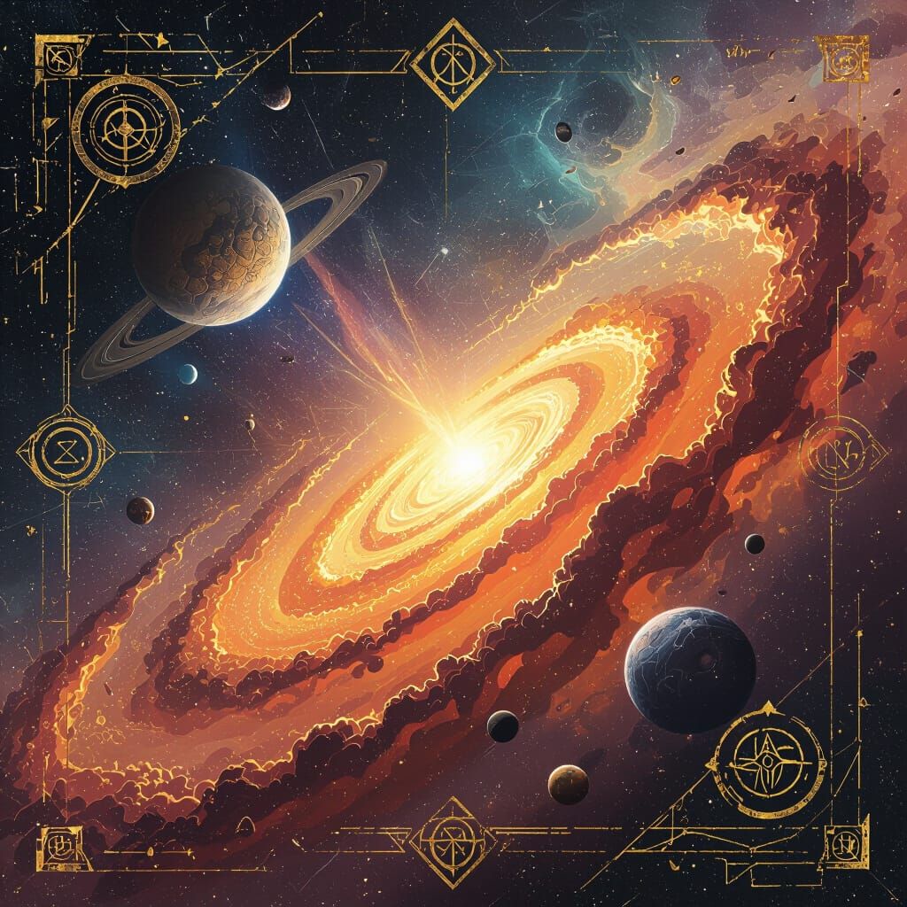 Vibrant Space Collage with Gold Symbols