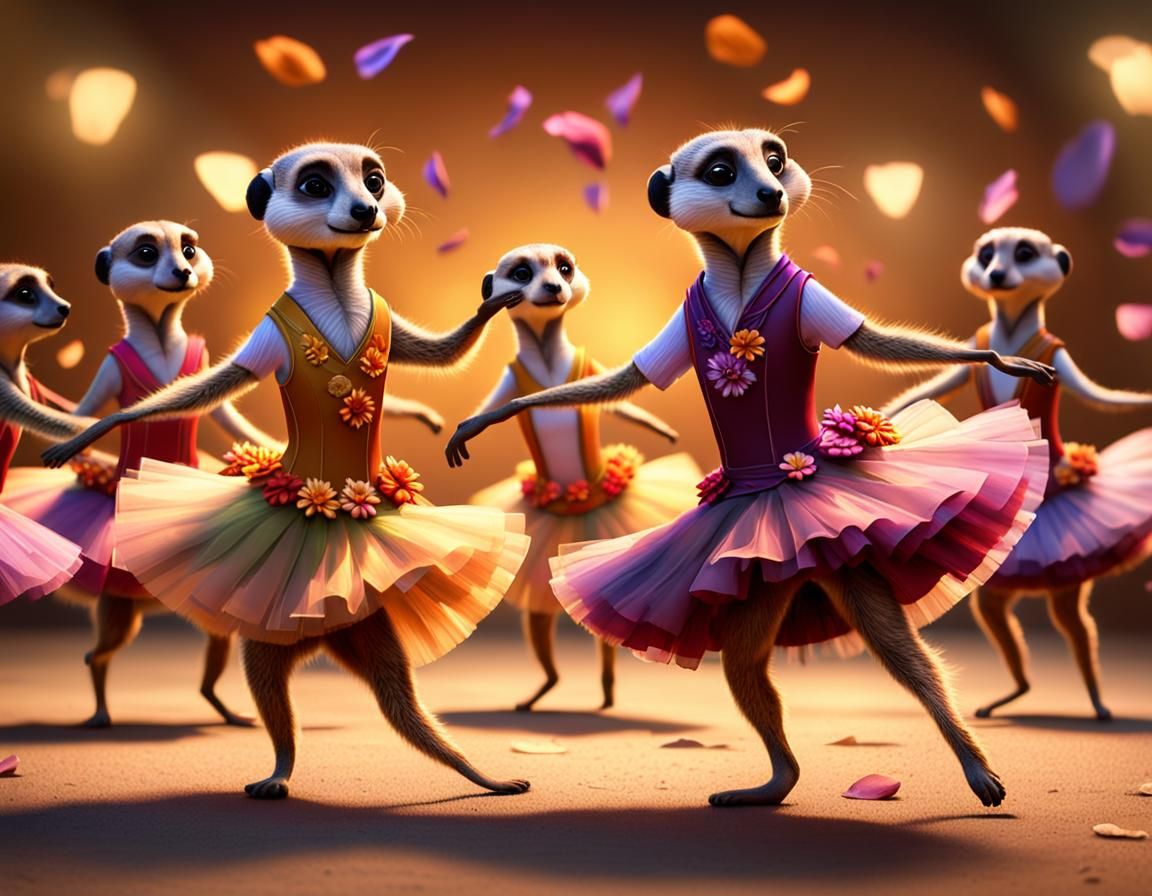 Meerkats learning ballet.  Older meerkat teacher teaching younger meerkats ballet.  Wearing tutus made from flower petal...
