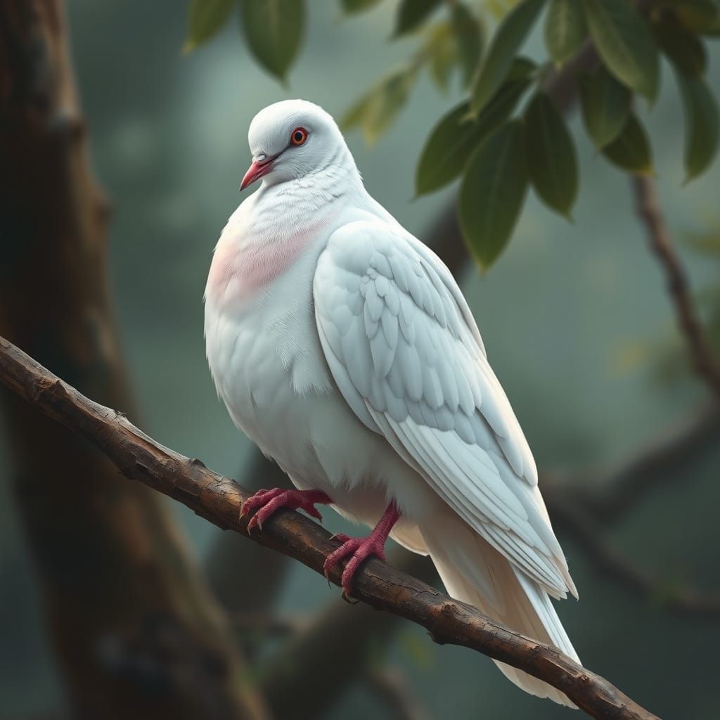 A White Dove Perches Serenely on a Branch in a Matte Paintin...