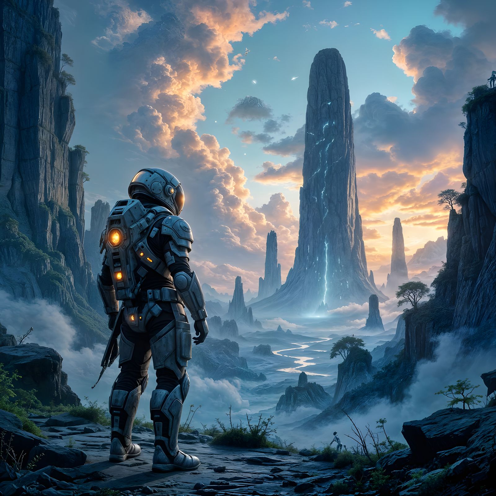 Astronaut in Alien Armor on Ruined Planet, Dark Fantasy Styl...