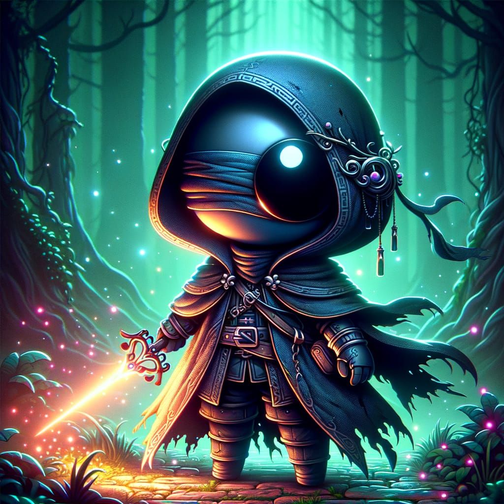 Chibi Hero in Mystical Forest: Neon Comic Style