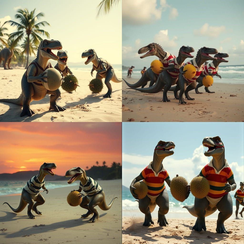 Dinosaurs Play Rugby with Durian on Beach