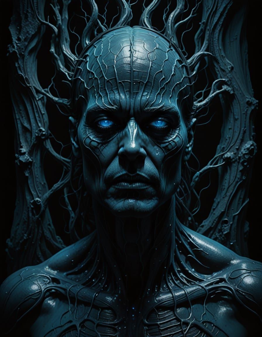 Man's Face Illuminated by Dark Blue Bioluminescent Glow