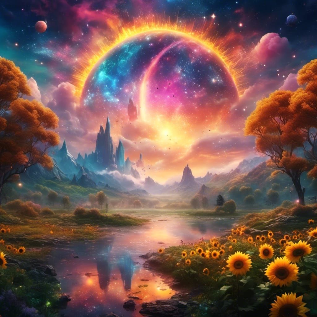 Galaxy Sky over Sunflower Field in Digital Painting