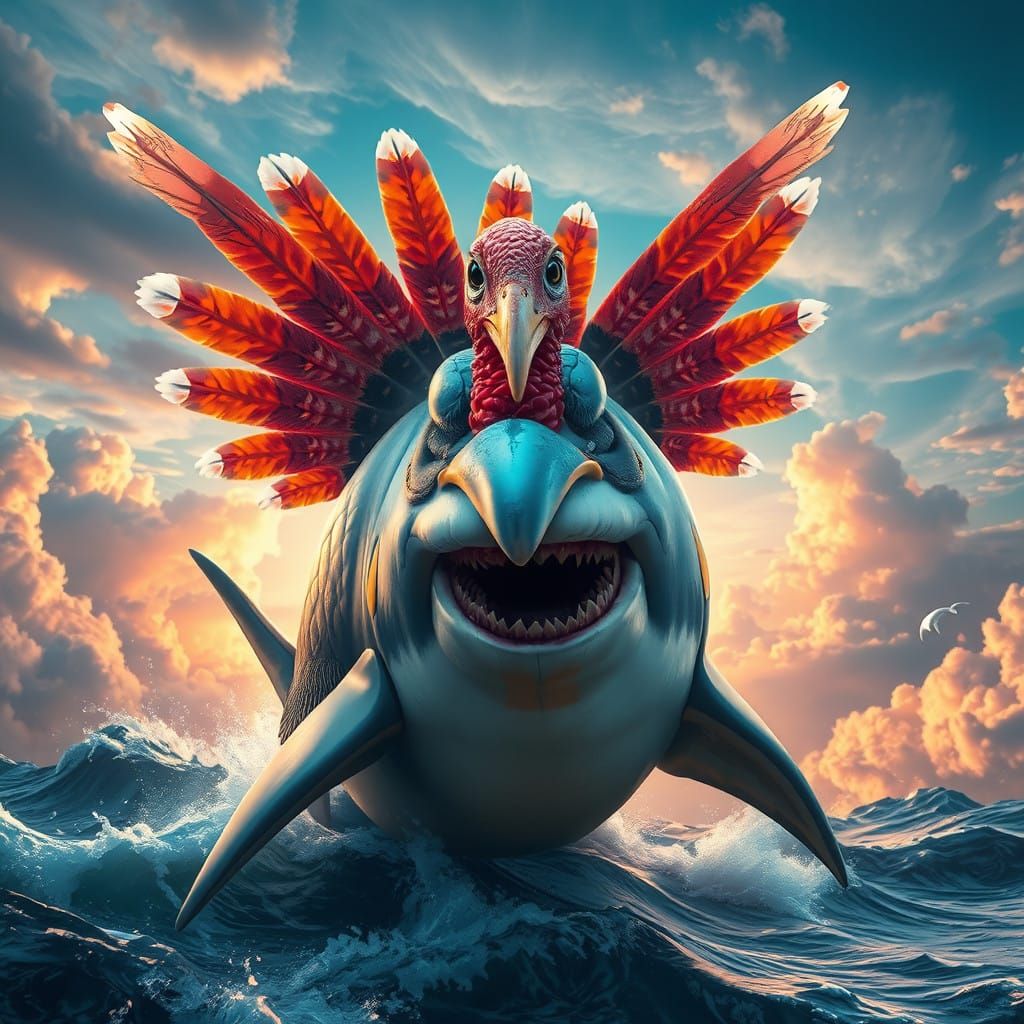Shark with Iridescent Turkey Head and Majestic Wings