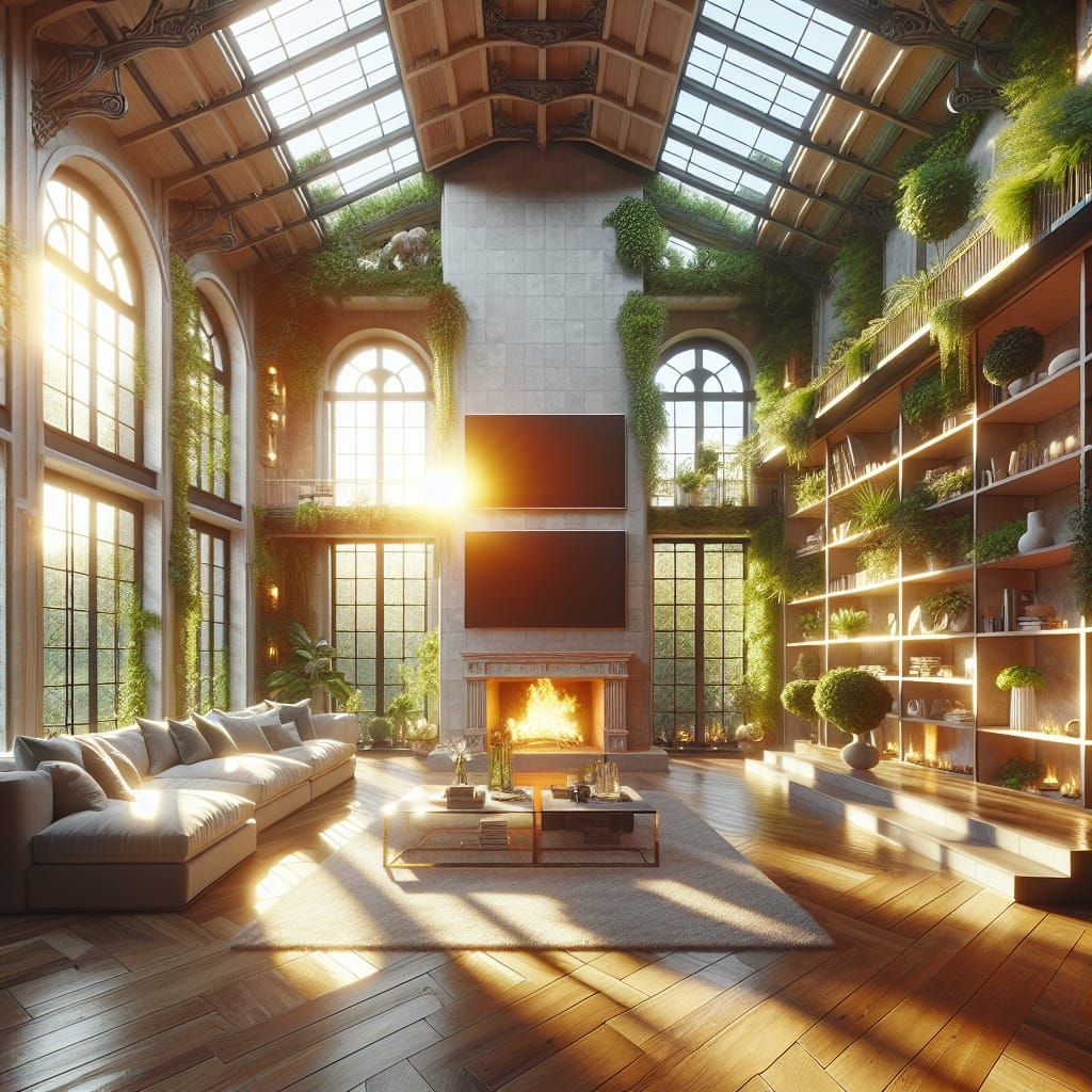 Sunlit Loft Living Room with Fireplace and Green Plants