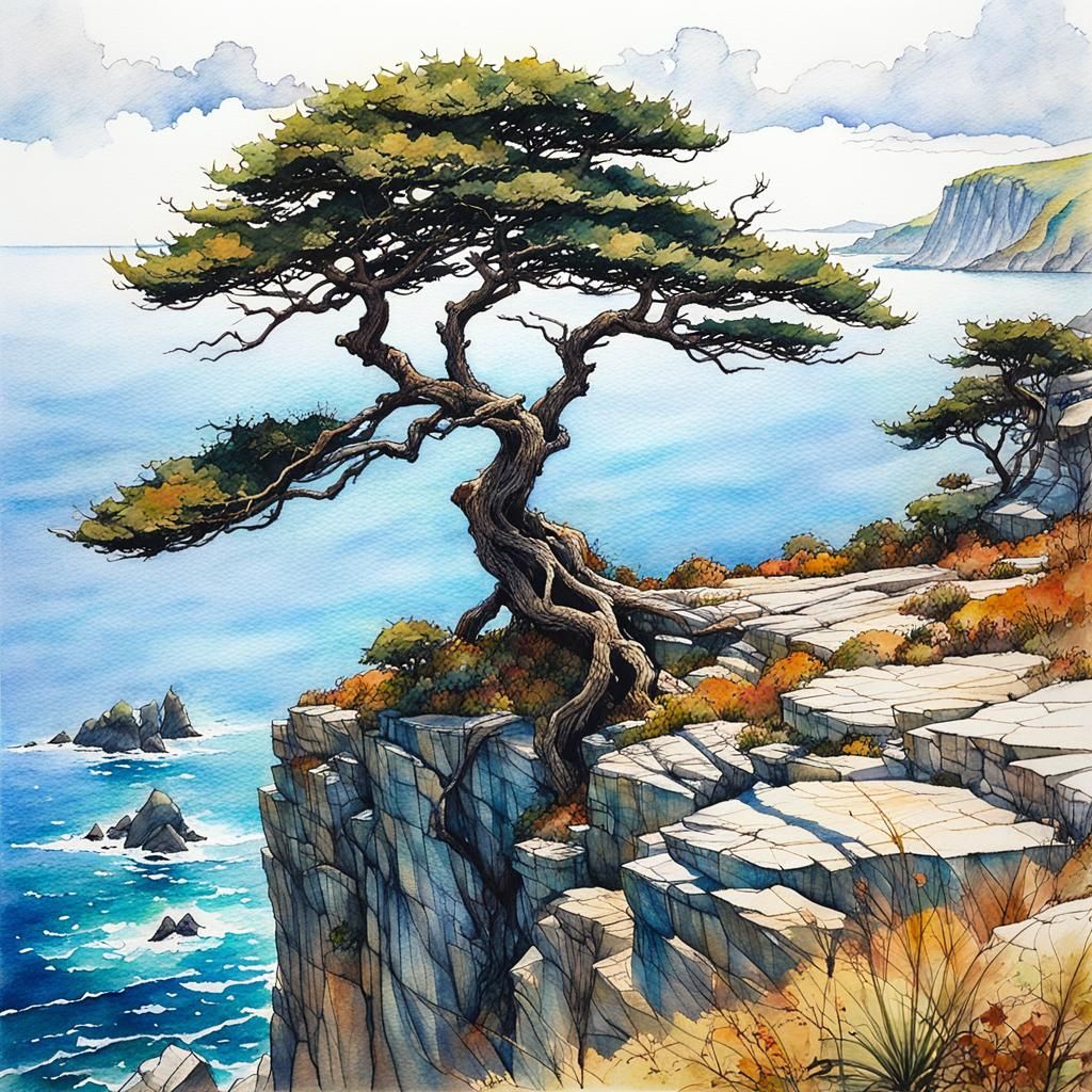 Ocean Cliff Tree in Ink and Watercolor Style