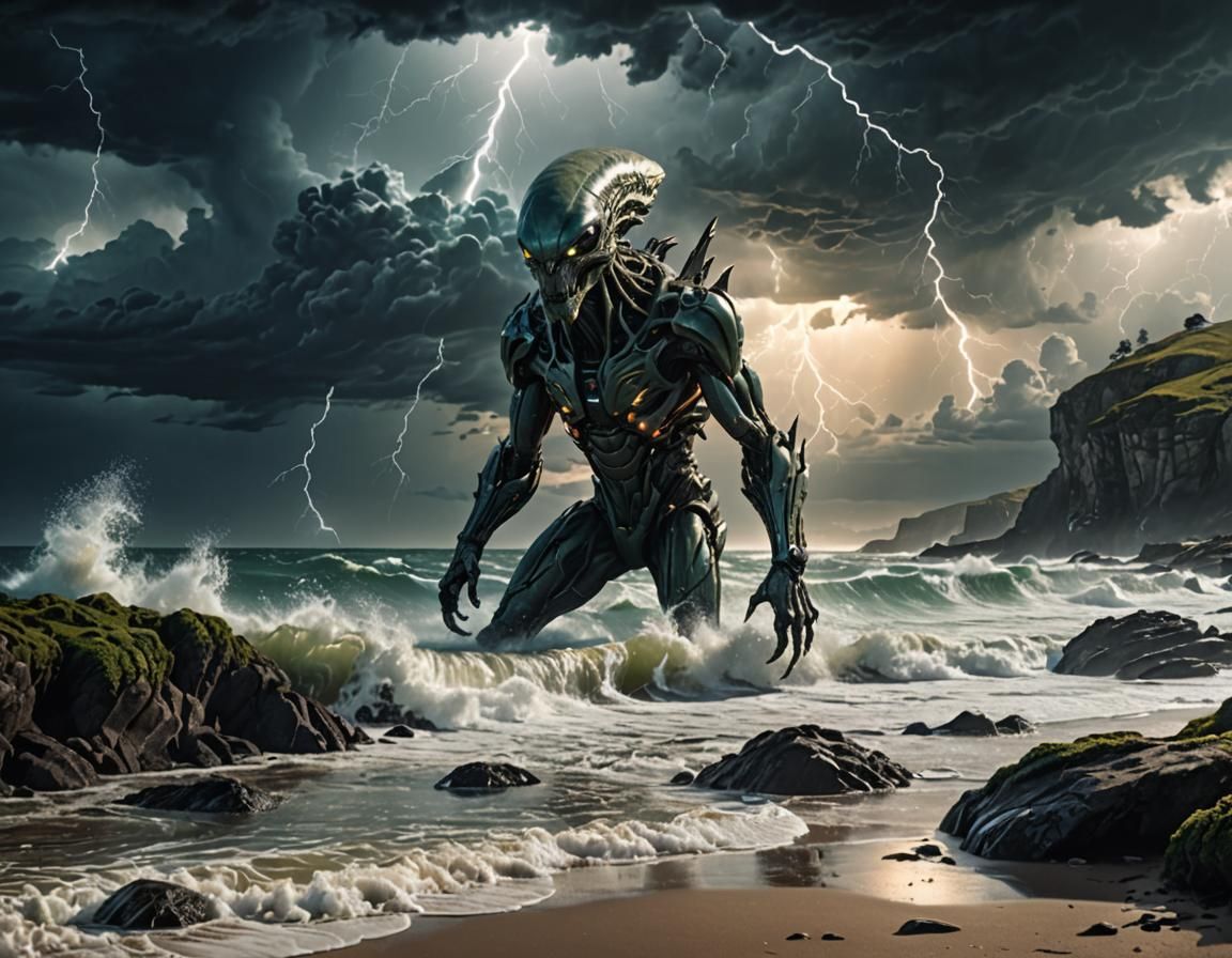 Alien Creature on Stormy Coastline in Sci-Fi Style