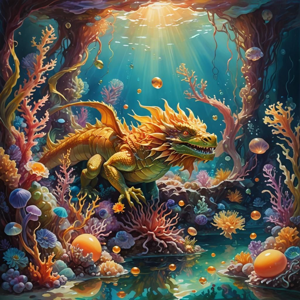 Underwater Dragon Hatching in Oil Painting Style
