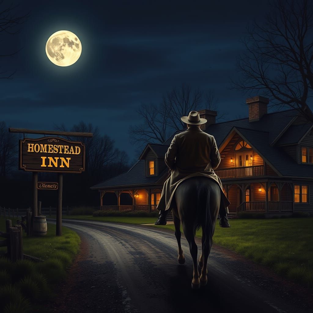 Moonlit Horseman Approaching a Cozy Inn