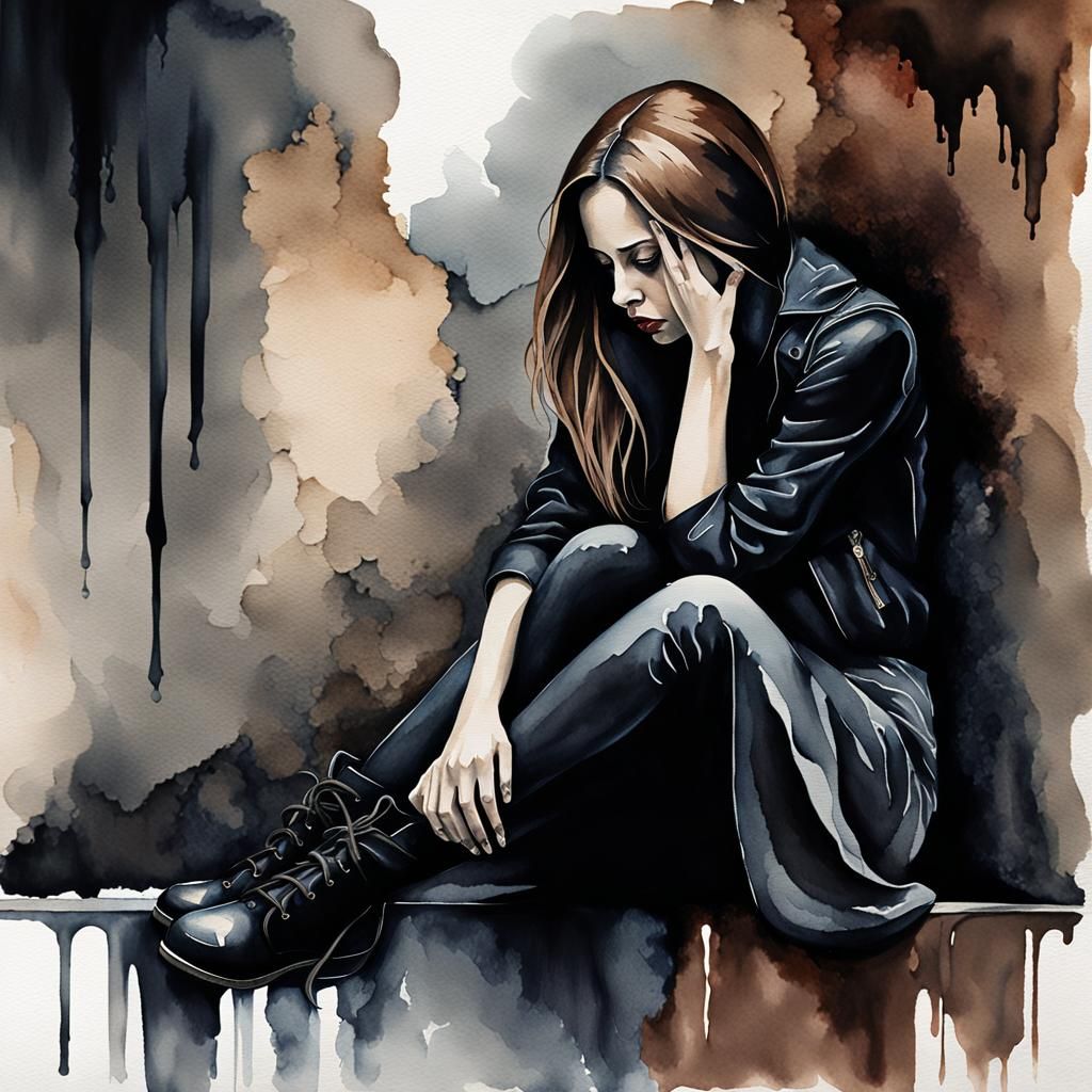 Gothic Surrealism: Woman Depicting Grief in Watercolor