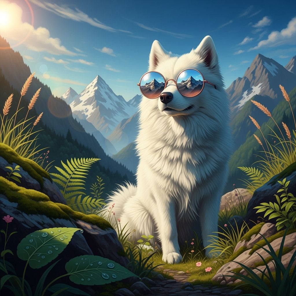 Stylish Samoyed Dog in Sunglasses, Breathtaking Mountain Vie...