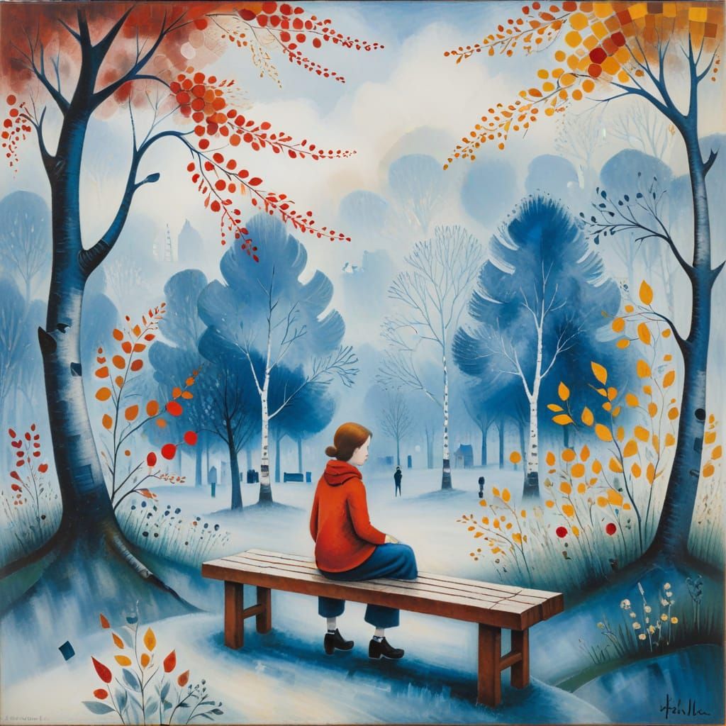 (bench in London:1.5), Paul Klee and Marc Chagall, (birches in the fog:1.2), blue and white dominant, oil on canvas, bru...