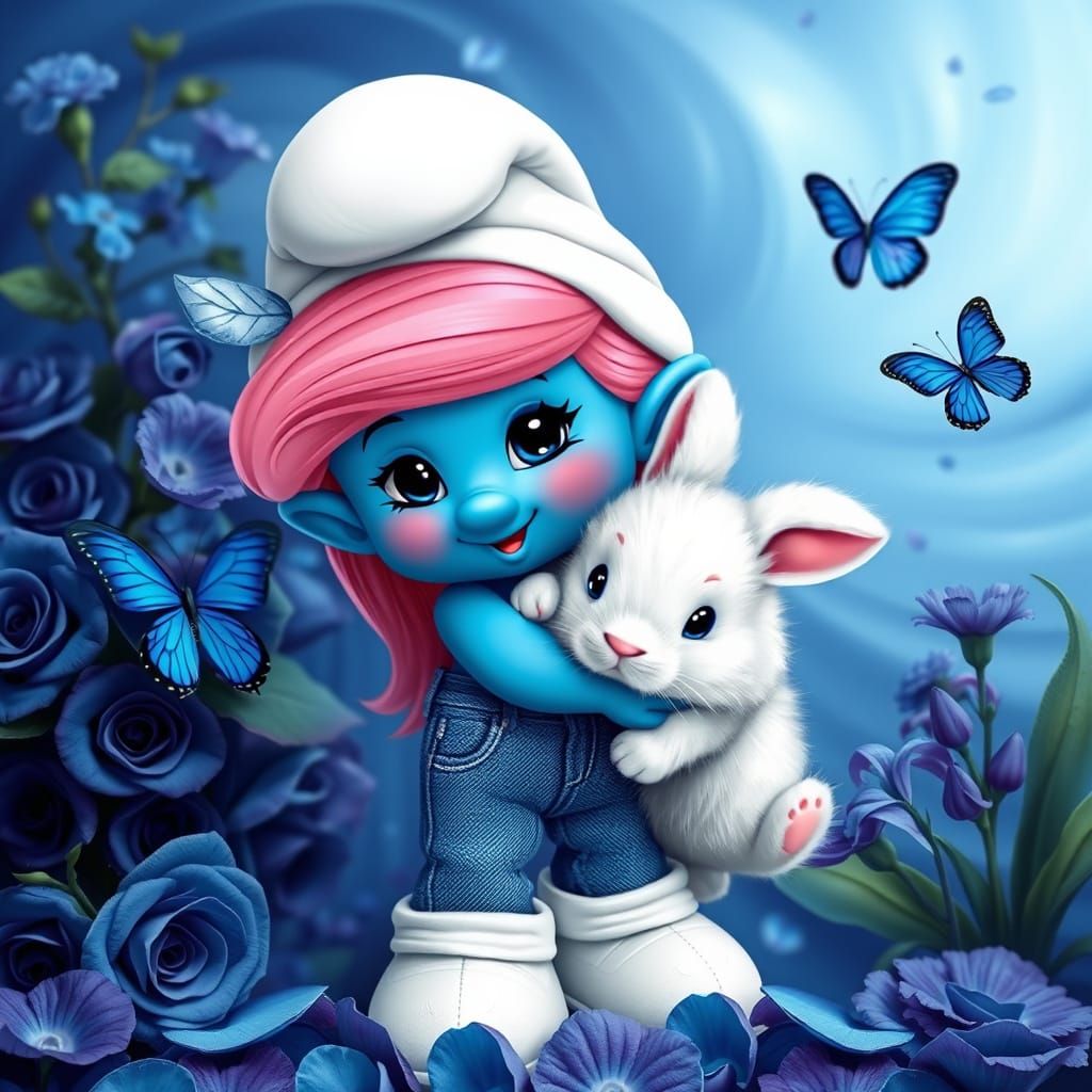 Kawaii Smurf Girl Hugging Rabbit in Blue Flower Garden