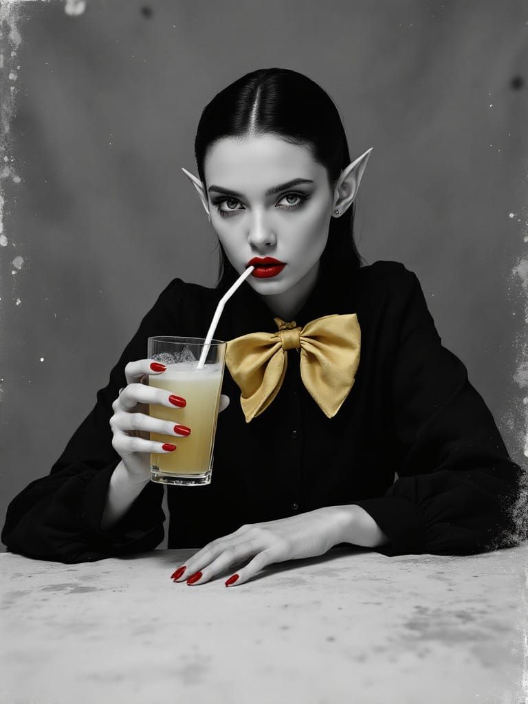 Enigmatic Woman with Red Lips and Lemonade, Surreal Vintage ...