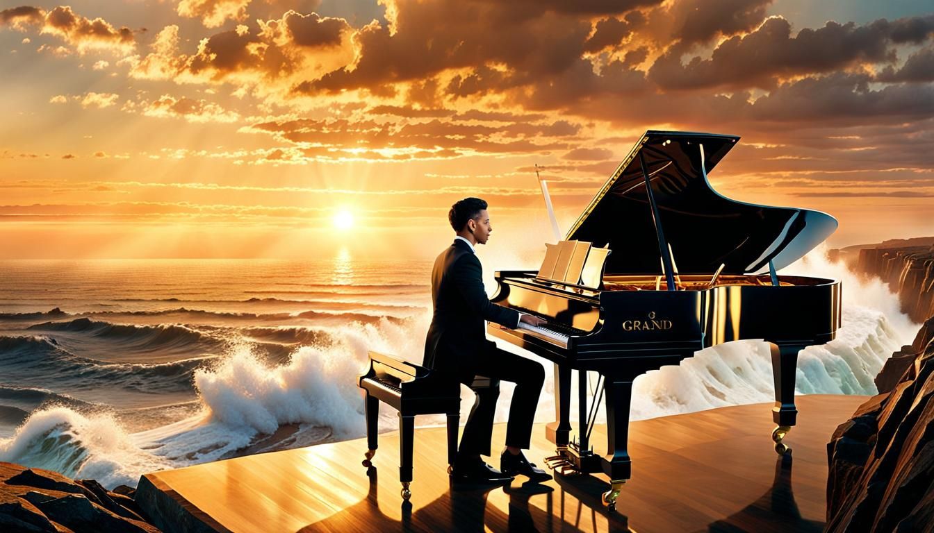 Grand Piano Player at Sunset: Hyperrealistic Seascape