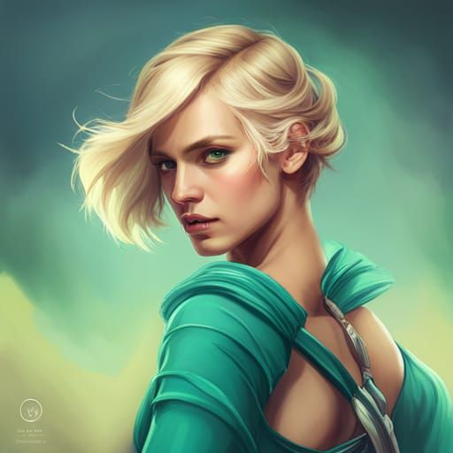Detailed Portrait of Blonde Girl in Green, Digital Art