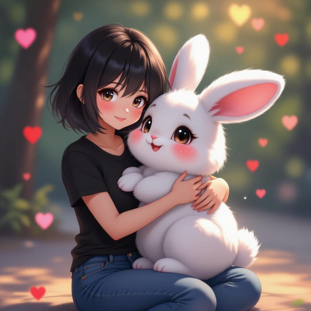 Cute Anime Rabbit With Thai Woman, Kawaii Illustration Style