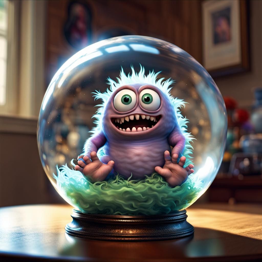 Chibi Trash Monster in Glass Orb, Pixar Style