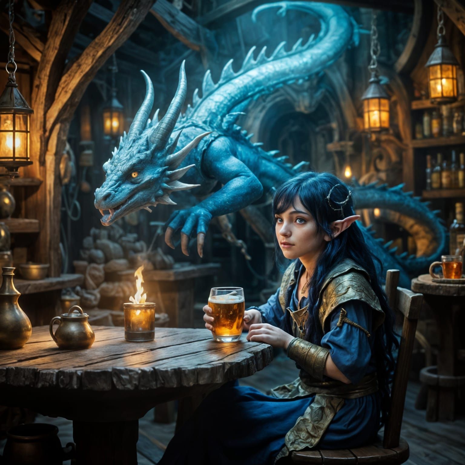 Halfling Sorceress Casting Dragon Illusion in Tavern