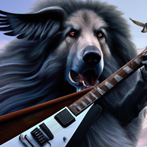 Wolf Guitarist with Eagle: Hyper-Realistic Digital Art