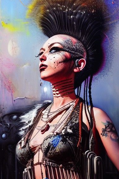 Mohawk Goddess at Punk Show: Intricate Mixed Media Art
