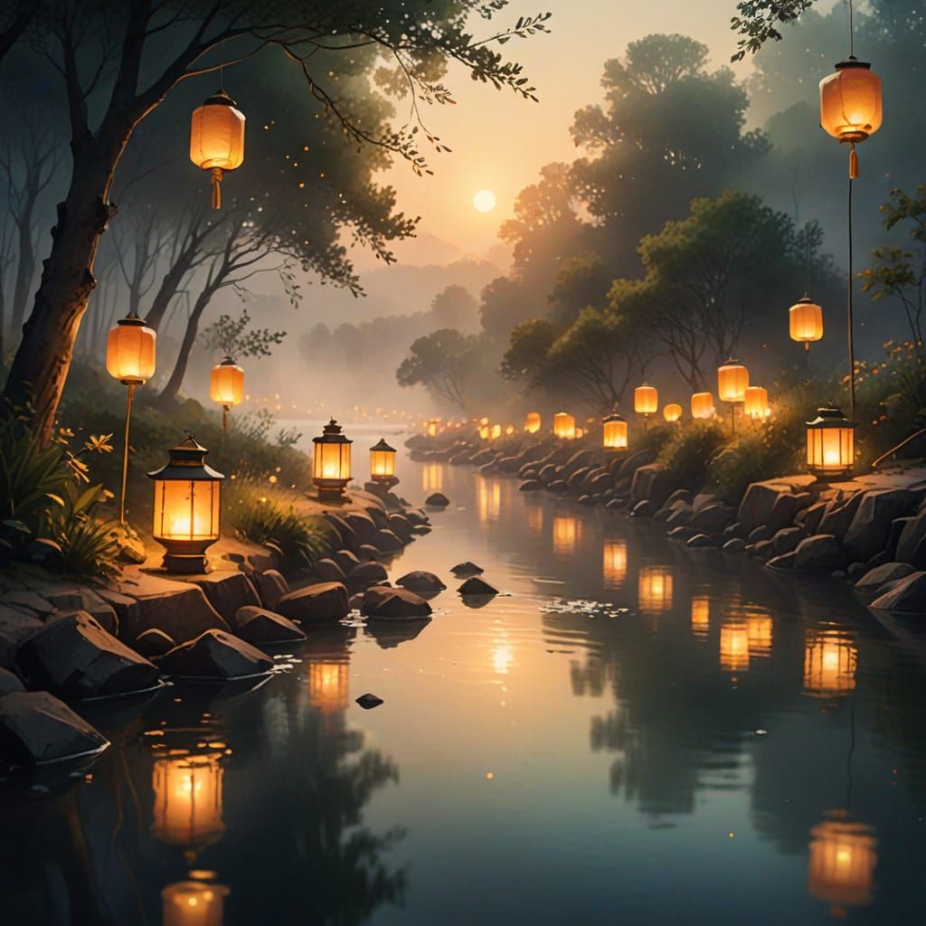 Dreamy River Lanterns in Watercolor Style