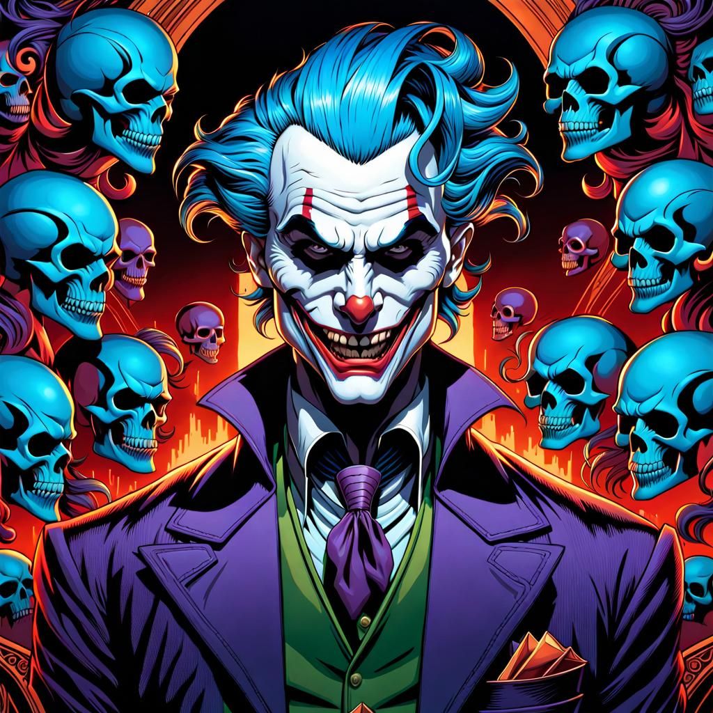 a man with blue hair and a skull face surrounded by skulls, portrait of joker, grotesque joker, portrait of the joker, d...