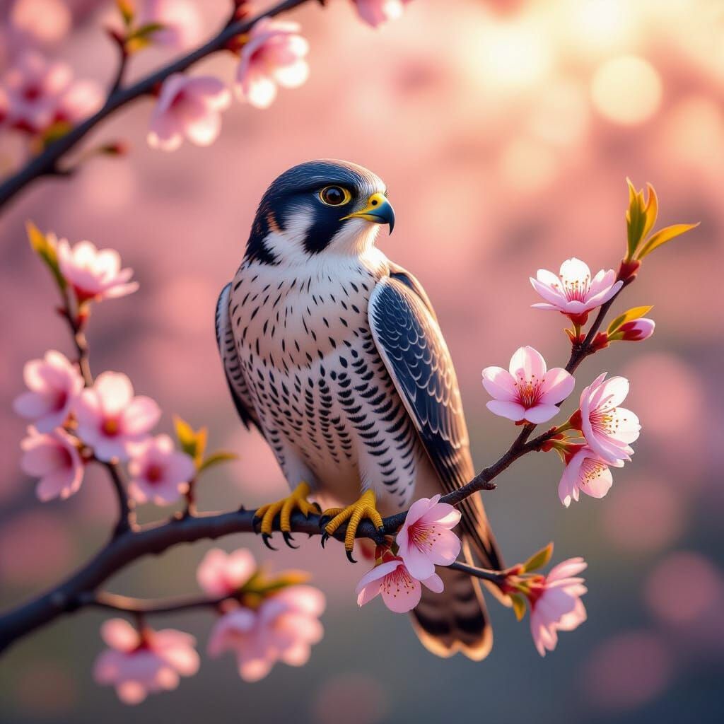 Hyperrealistic Falcon in Blossoming Cherry Tree, Concept Art
