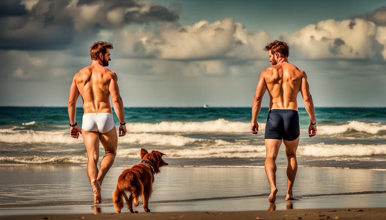 Two Men Walking on Beach With Dog: Hyperrealistic Photo