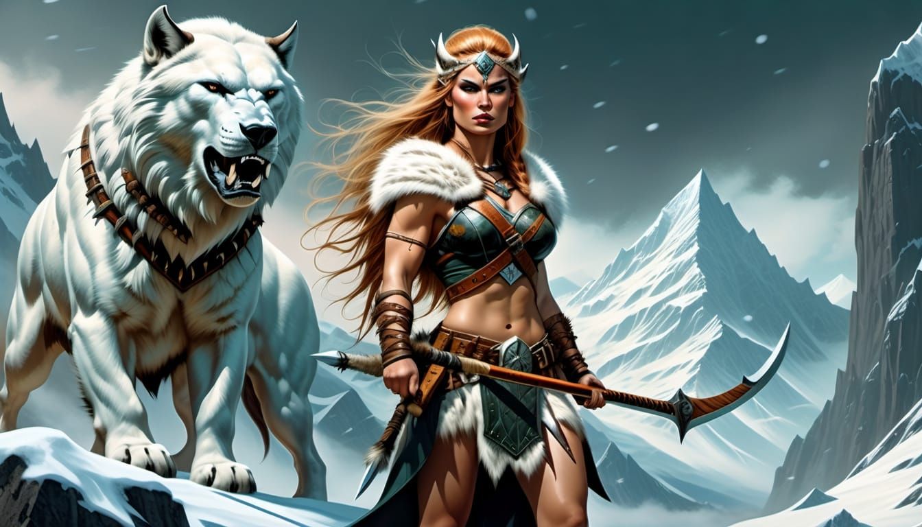 Barbarian Huntress Before Snow Mountain Peak